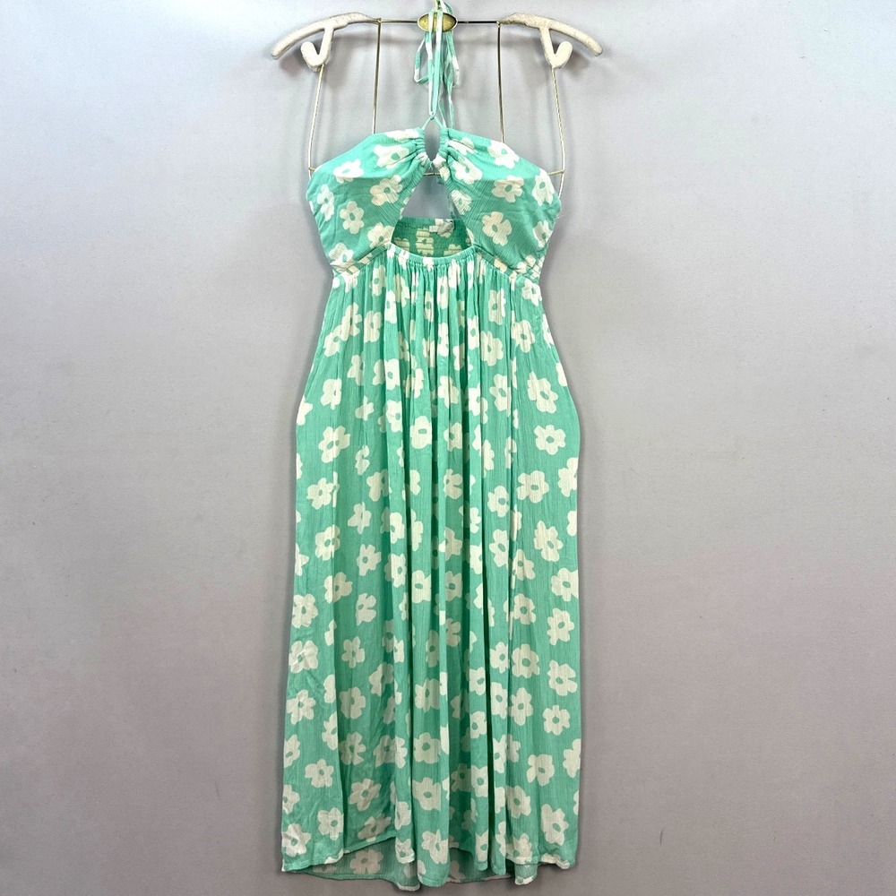 ONeill Womens Mint Green Floral Halter Midi Dress Cutout Smocked Back XS